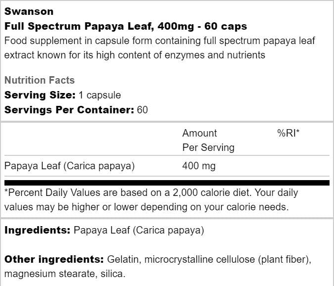 Full Spectrum Papaya Leaf 400 mg 60 capsules - Nutra Best Europe
