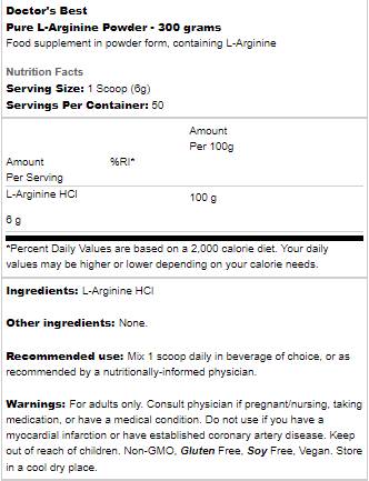 BEST Pure L-Arginine Powder - 300 grams - Nutra Best Europe