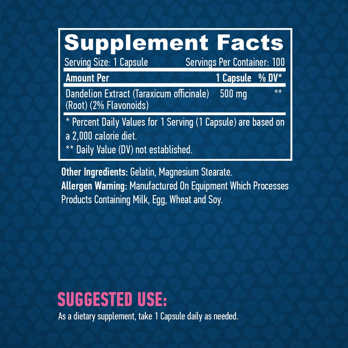 Dandelion Root Extract (2% Flavonoids) 500mg / 100 Caps. - Nutra Best Europe