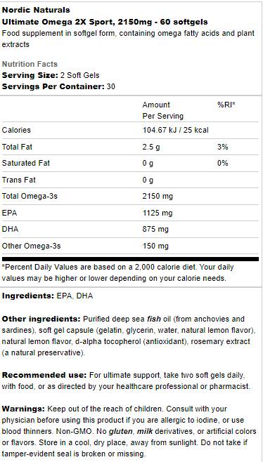 Ultimate Omega 2X Sport - 60 Softgels - Nutra Best Europe