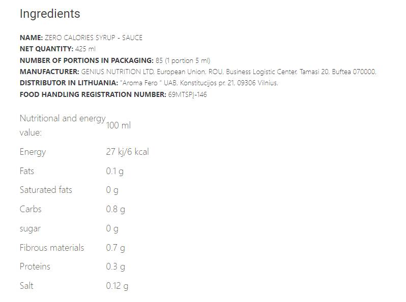 Zero Calories Syrup - 425 ml - Nutra Best Europe