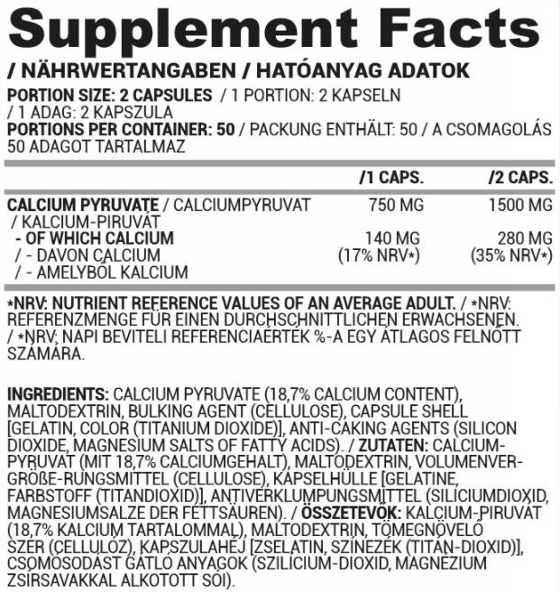 Pyruvate Caps | Calcium Pyruvate 100 capsules - Nutra Best Europe