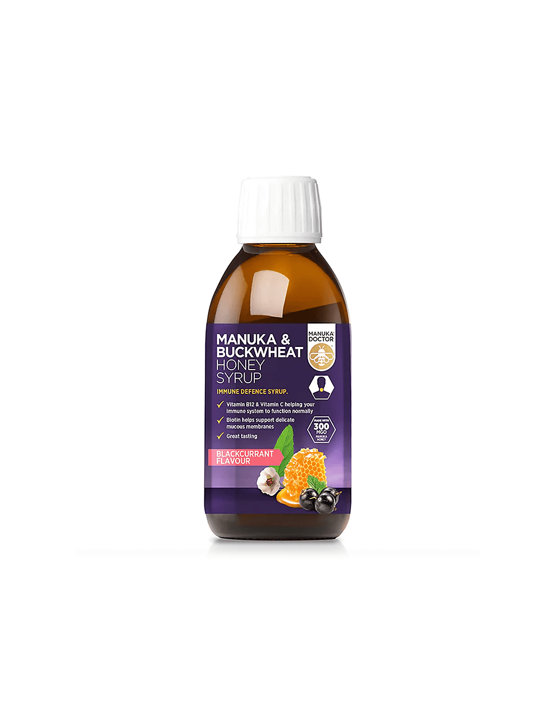 Immunitás - Manuka mézzel (300 MGO) és hajdinával készült szirup, 200 ml szirup, fekete ribizli ízű