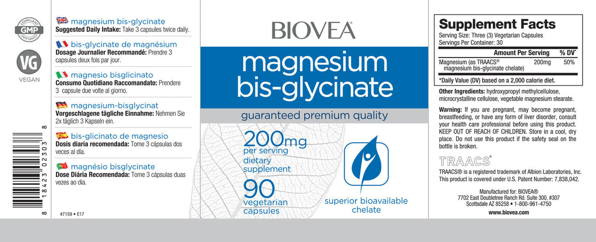 Magnesium Bis-glycinate 200 mg / 90 Caps - Nutra Best Europe