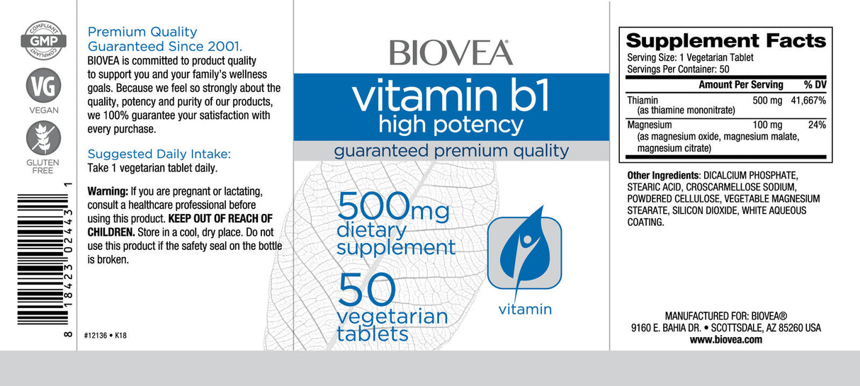 Vitamin B1 (High Potency) 500 mg / 50 Tabs - Nutra Best Europe