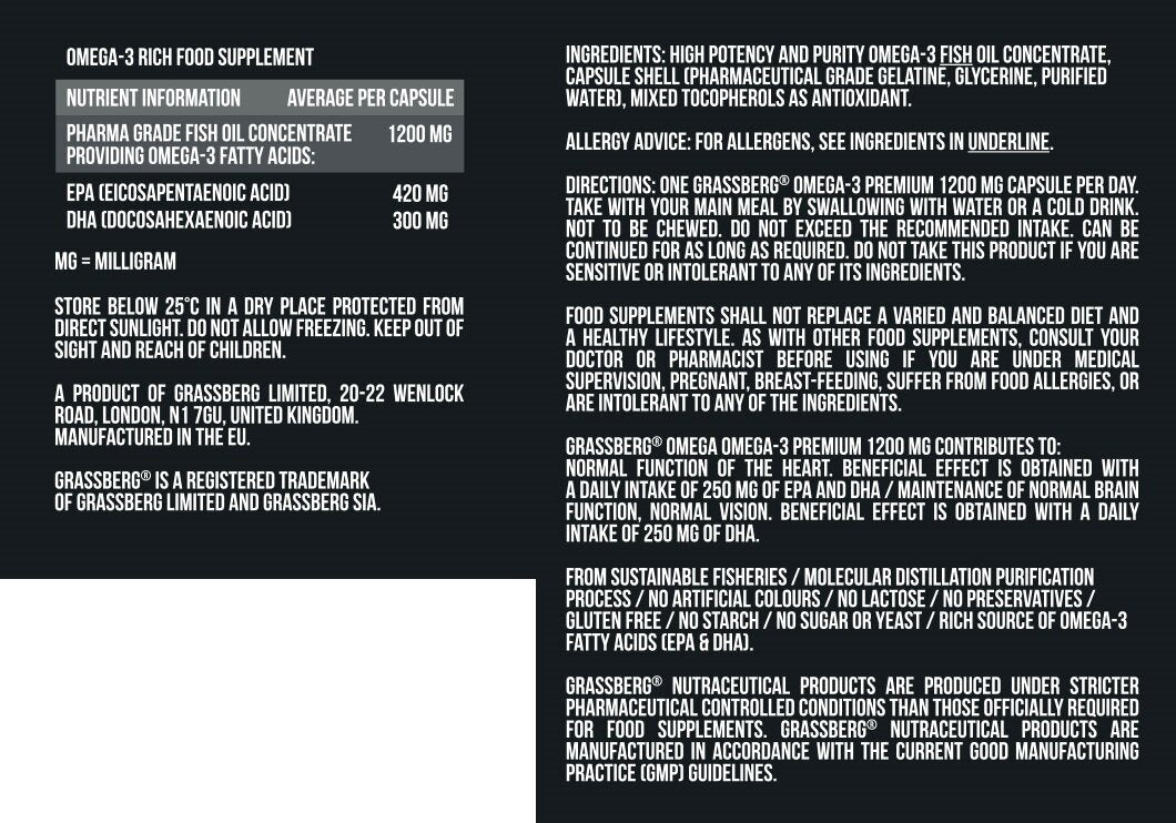 GRASSBERG Omega-3 Premium 1200 mg 90 Softgels - Nutra Best Europe