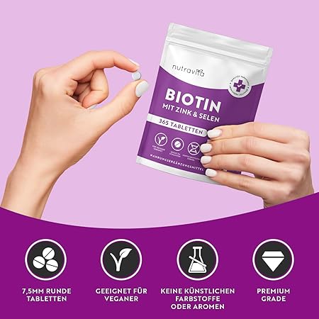 Biotin + Szelén + Cink tabletták bőrre, hajra és körömre – 365 vegán tabletta 1 évre <tc>Nutravita</tc>