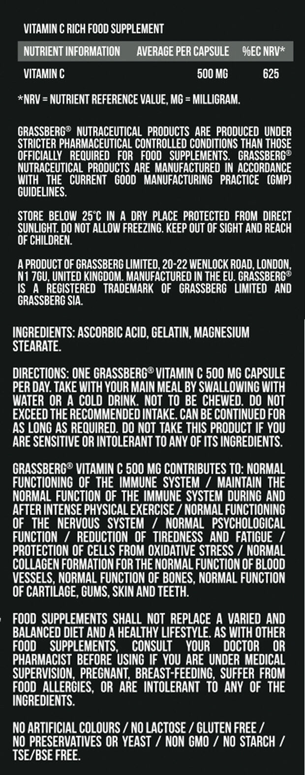 GRASSBERG Vitamin C 500mg / 60 Caps - Nutra Best Europe