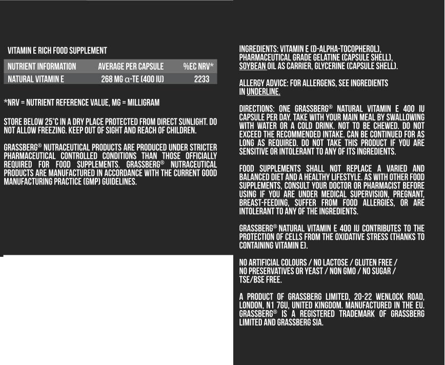 GRASSBERG Vitamin E 400 IU Natural 60 Caps - Nutra Best Europe