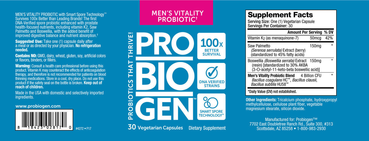 Probiogen Men`s Vitality Probiotic - Probiotic for Men - 30 capsules - Nutra Best Europe