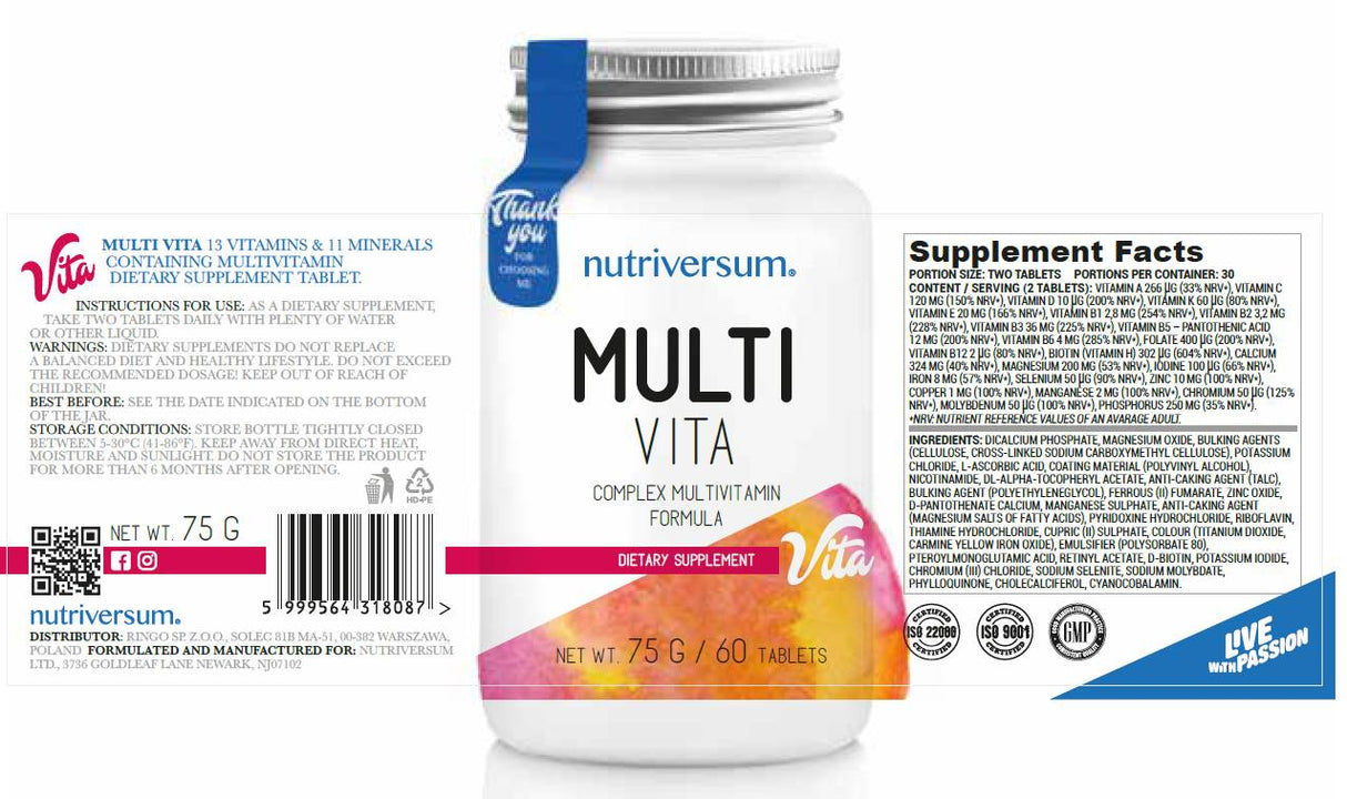Multi Vita | Complex Multivitamin Formula - 60 Tablets - Nutra Best Europe