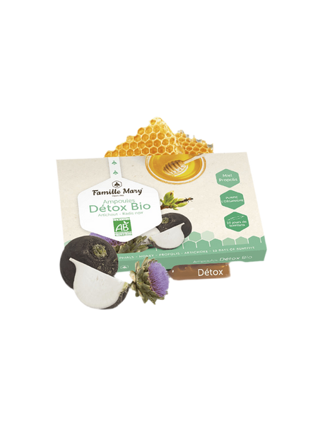 Ampoules Détox Bio Artichaut-Radis noir / Detox bio with artichoke, black turnip, honey and propolis / 10 ampoules Famille Mary - Nutra Best Europe