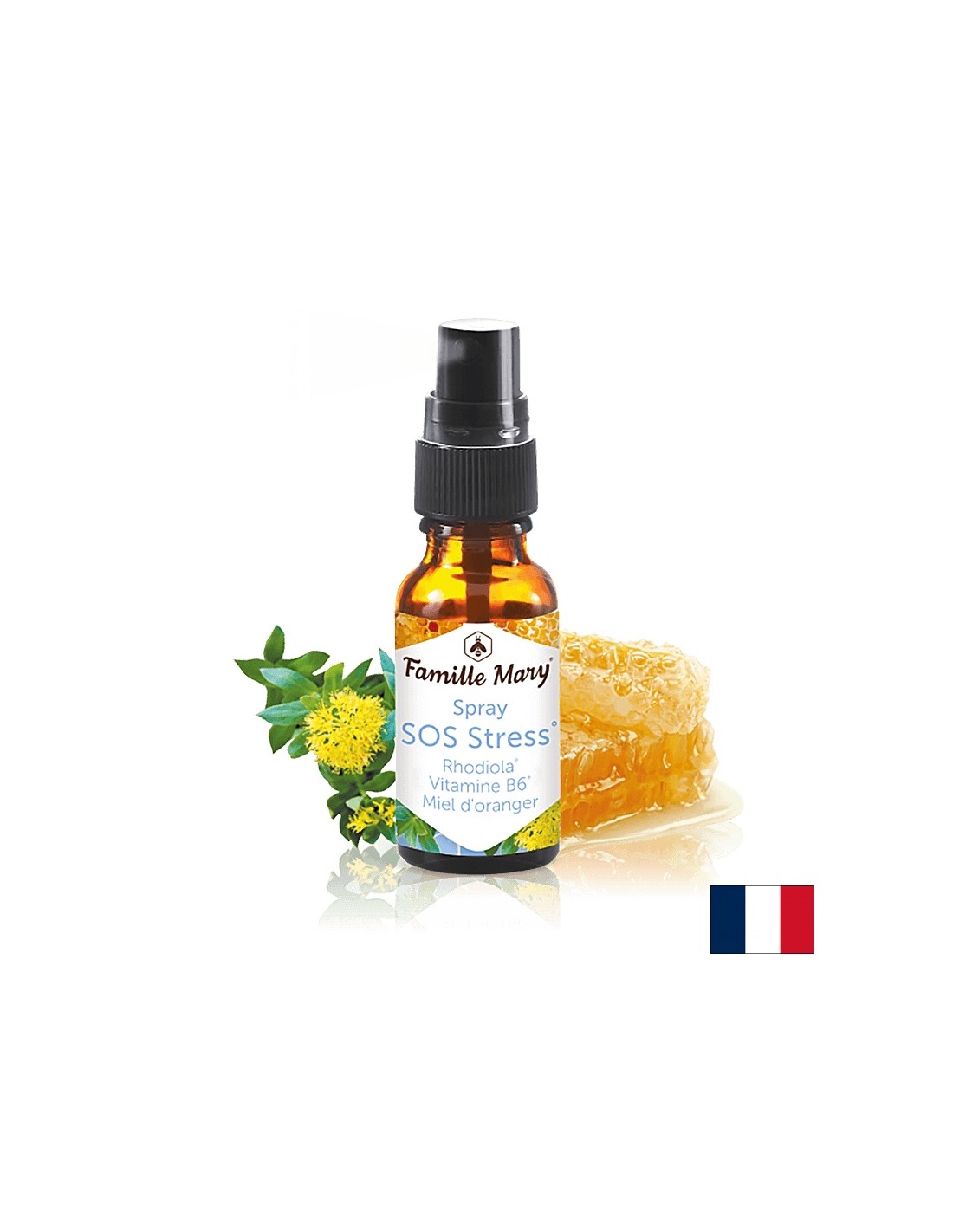 Stressz elleni szájspray aranygyökérrel és B6-vitaminnal - SOS Stress Rhodiola, B6 vitamin, Miel d'orange, 20 ml