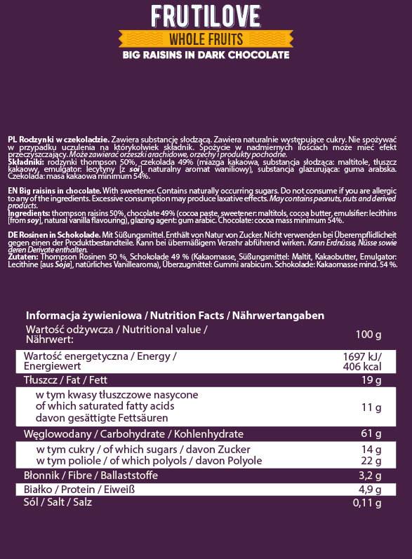 FrutiLove | Big Raisins in Dark Chocolate 30 grams - Nutra Best Europe