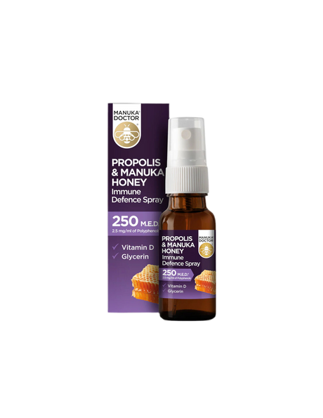 Propolis & Manuka Honey Immune Defense Spray 250 MED/ Throat spray with propolis (250 MED), manuka honey and vitamin D3, 20 ml - Nutra Best Europe