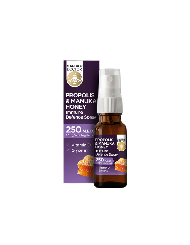 Propolis & Manuka Honey Immune Defense Spray 250 MED/ Throat spray with propolis (250 MED), manuka honey and vitamin D3, 20 ml - Nutra Best Europe