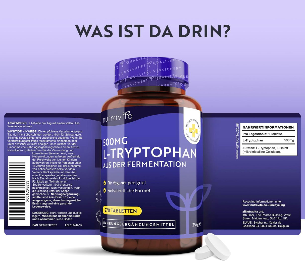 L-Tryptophan 500 mg 270 tablets - Nutra Best Europe