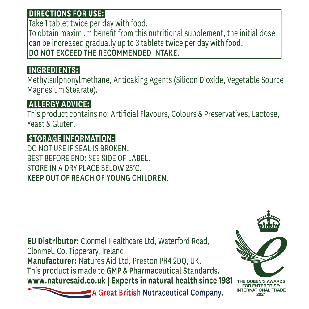 Methylsulfonylmethane MSM (Methylsulfonylmethane MSM) 1000mg 90 tablets NaturesAid - Nutra Best Europe