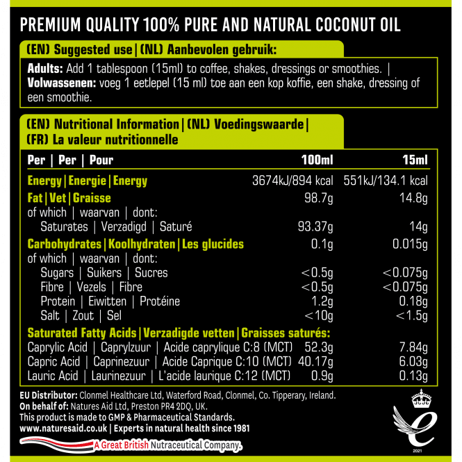 Medium Chain Triglycerides from Coconut Oil (100% MCT Oil) 500ml NaturesAid - Nutra Best Europe