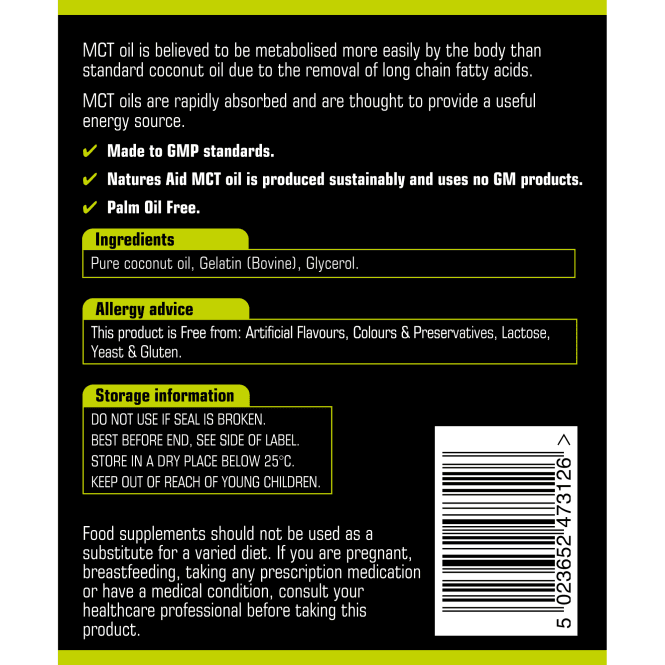 Medium Chain Triglycerides from Coconut Oil (100% MCT Oil) 1200mg 120 Capsules NaturesAid - Nutra Best Europe