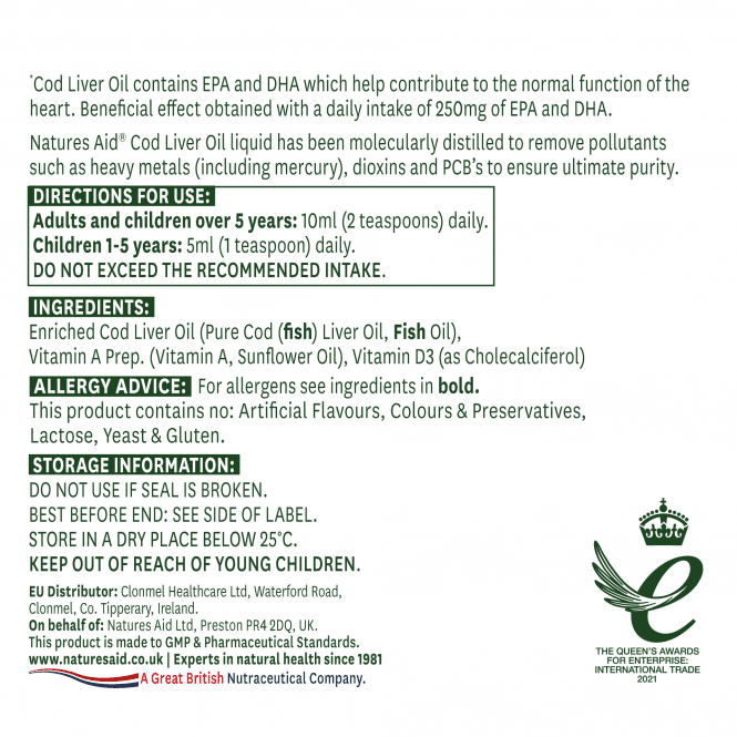 Cod Liver Oil Liquid 500ml NaturesAid - Nutra Best Europe