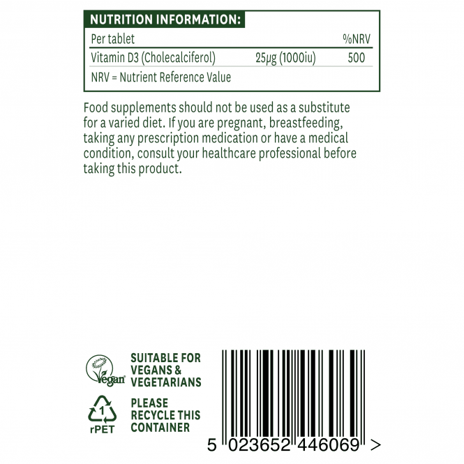 Vitamin D3 (Vitamin D3) 1000iu 60 vegan tablets NaturesAid - Nutra Best Europe