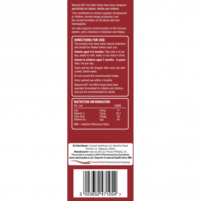 Iron + Vitamin C + Vitamin B12 + Folic acid drops for children (Mini Drops Iron) 50ml NaturesAid - Nutra Best Europe
