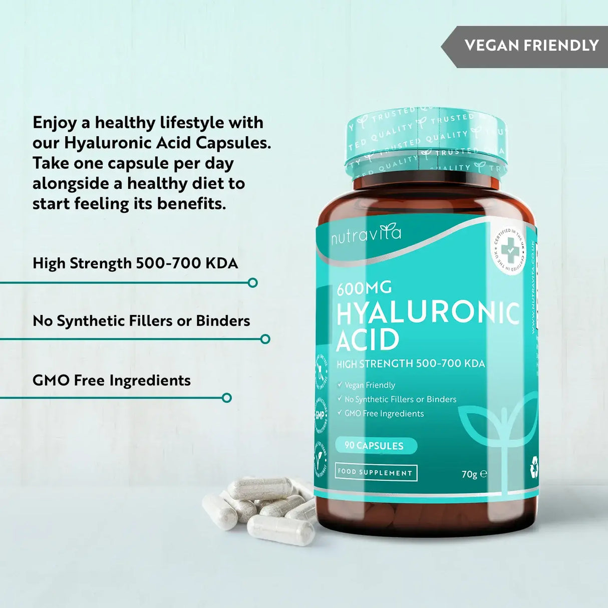 Hyaluronic Acid 600 mg / Hyaluronic Acid 600mg /90 capsules, 90 days/ Nutravita - Nutra Best Europe