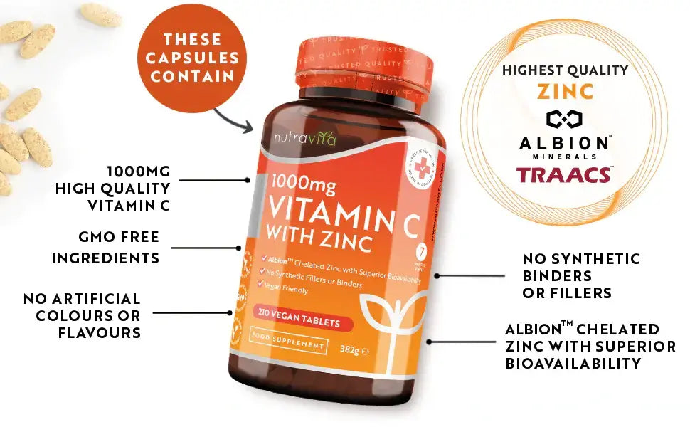 Vitamin C 1000 mg with Zinc (Albion® Zinc) 15mg 210 tablets Nutravita - Nutra Best Europe