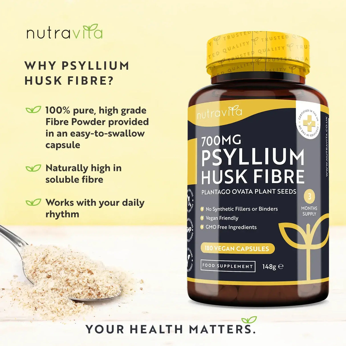 Psyllium Husk Fiber 700mg 180 Vcaps Nutravita - Nutra Best Europe