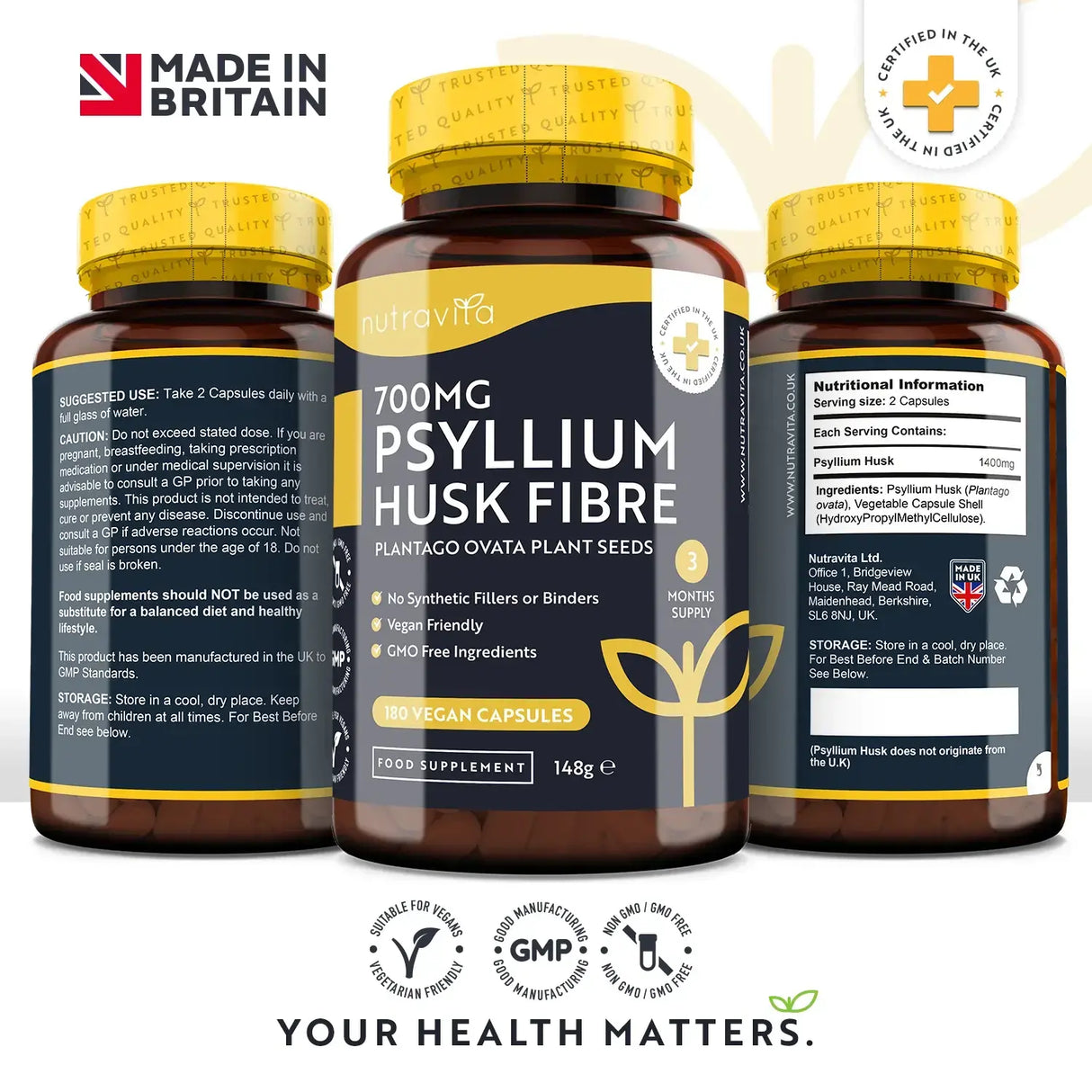 Psyllium Husk Fiber 700mg 180 Vcaps Nutravita - Nutra Best Europe