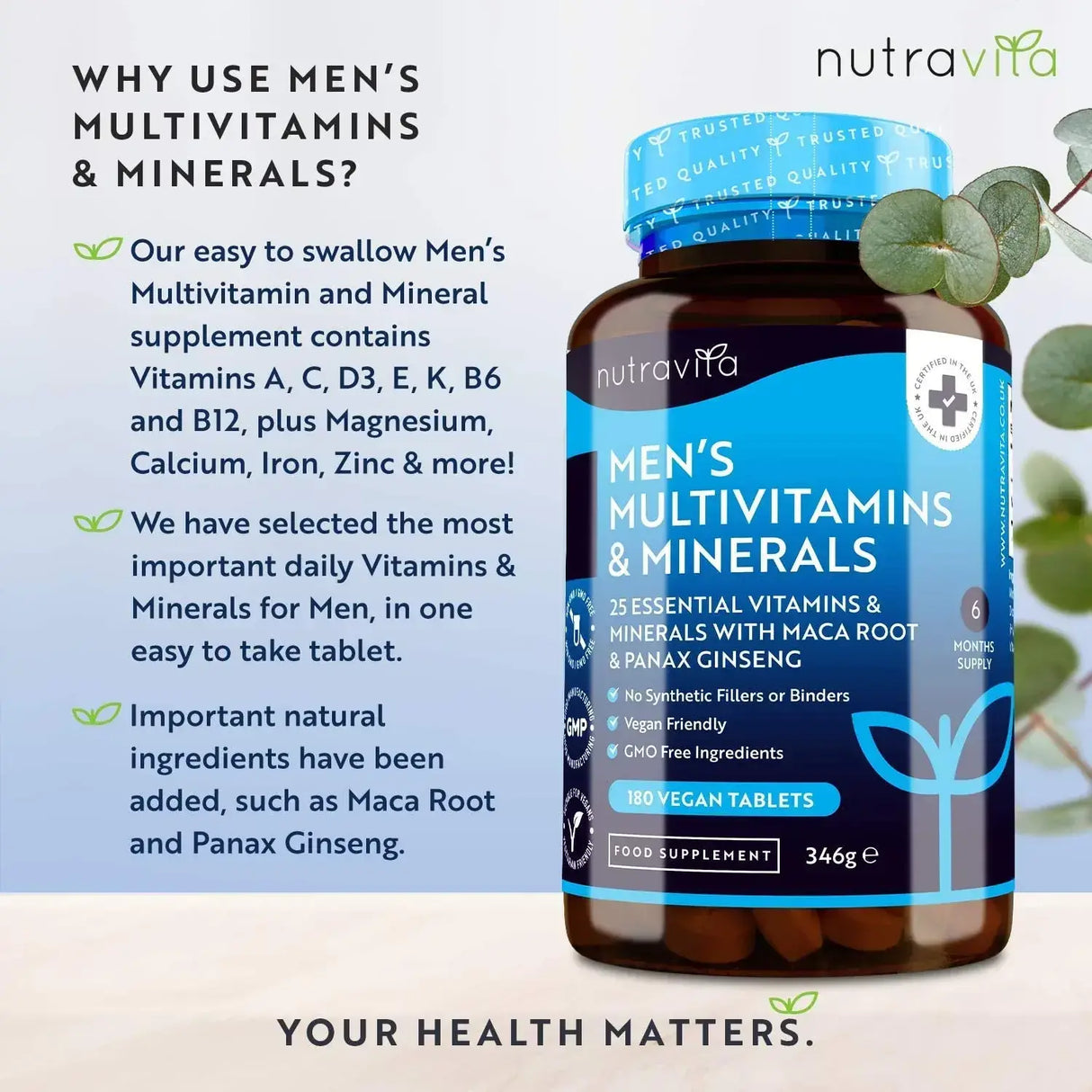 Men's Multivitamins and Minerals 180 Vegan Tablets - Nutra Best Europe