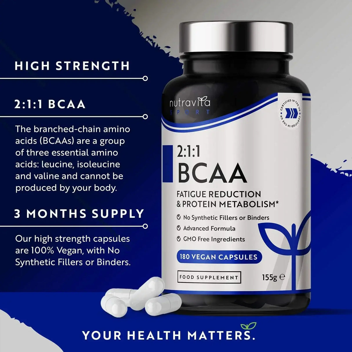 BCAA (2:1:1) with Vitamins B6 & B12 - 180 Vcaps. Nutravita - Nutra Best Europe