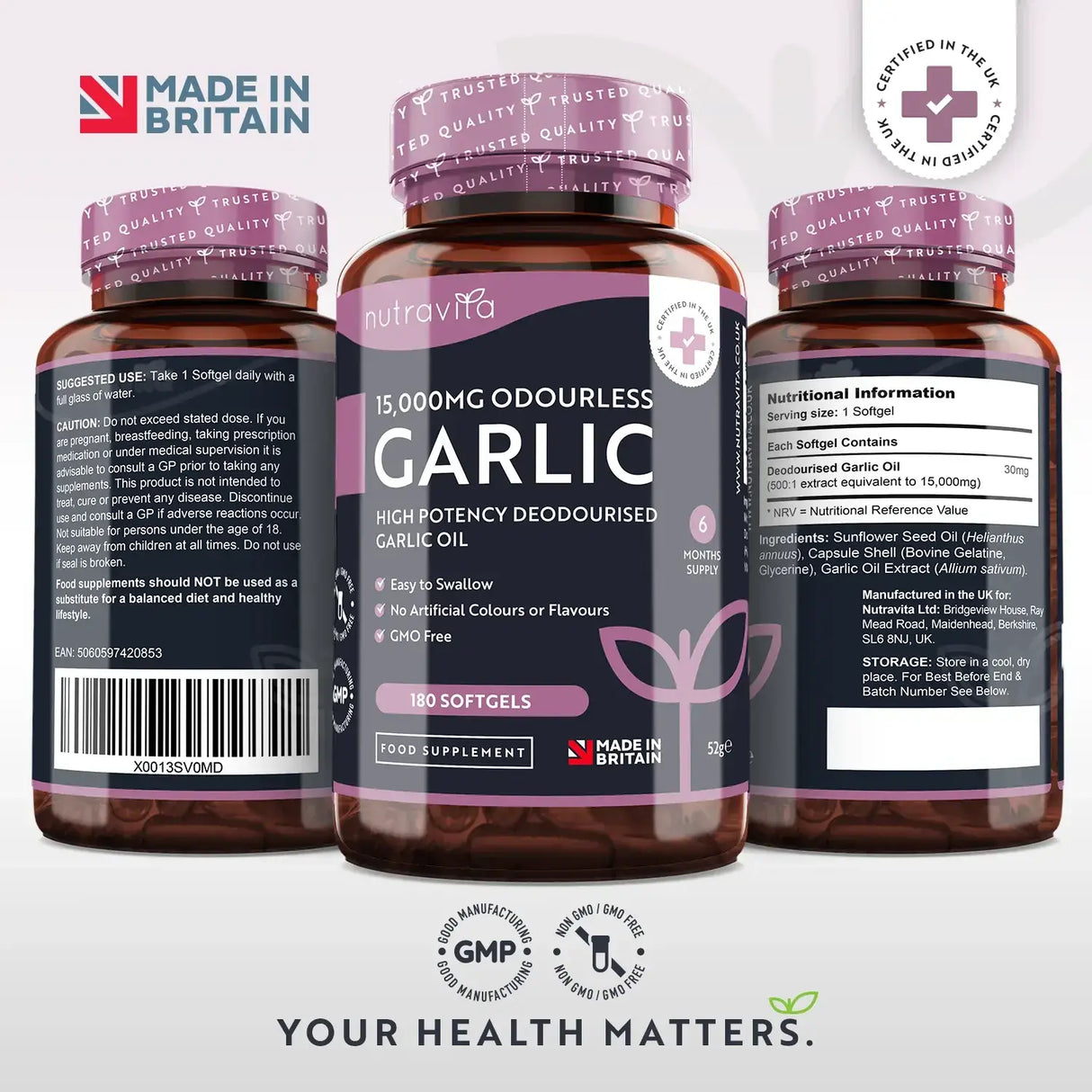Garlic (odorless) 15000 mg (12-18% allicin) - 180 soft capsules - Nutra Best Europe