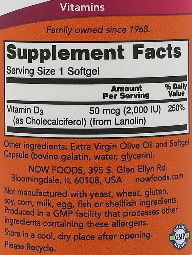 NOW Vitamin D3 / 2000 IU / 240 gel capsules - Nutra Best Europe
