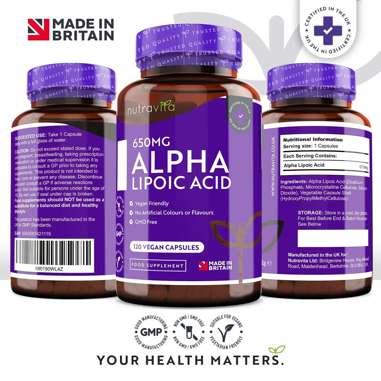 Alpha Lipoic Acid 650mg /120 capsules, 120 doses/ Nutravita - Nutra Best Europe