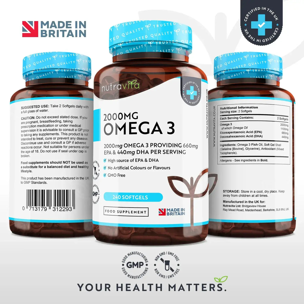 Omega 3 2000 mg /EPA 660 mg, DHA 440 mg/ Pure Fish Oil /240 capsules, 120 doses/ Nutravita - Nutra Best Europe
