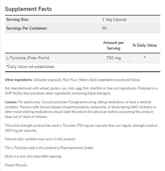 L-Tyrosine 750 mg | Extra Strength - 90 capsules - Nutra Best Europe