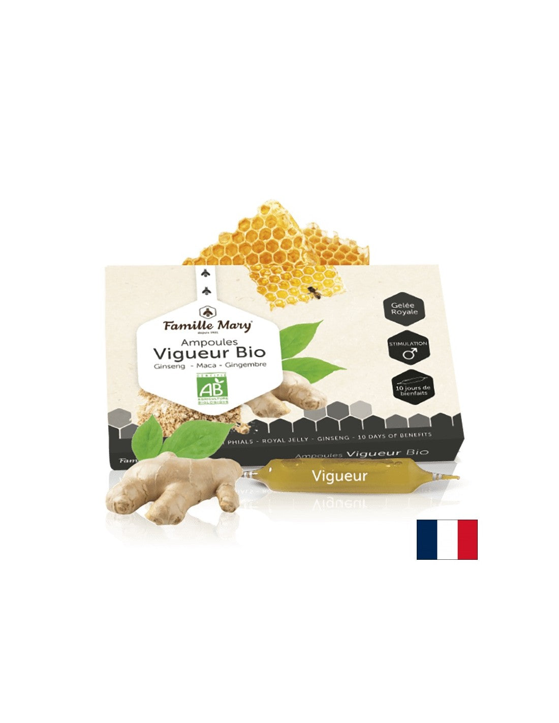Ampullák Vigueur Bio Ginseng, Maca, Gingembre + Gelée royale/Formula a vitalitásért és a férfi potenciáért, 10 ampulla Famille Mary