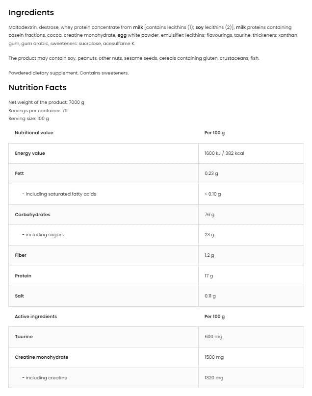 Anabolikus Gainer | Mass Gainer kreatinnal és taurinnal 7000 gramm