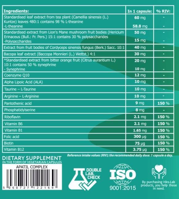 Apatil Komplex | L-teaninnal és oroszlánsörény kivonattal & Bacopa - 30 kapszula