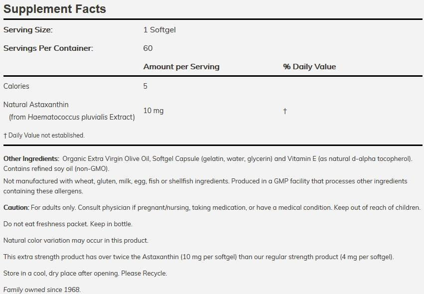 Astaxanthin 10 mg Extra Strength - 30 Softgels