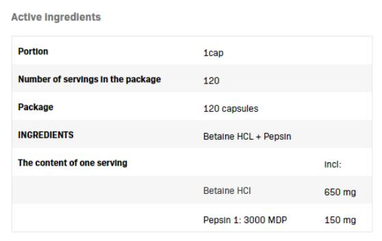 Betain Hcl 650 mg + Pepszin - 120 kapszula