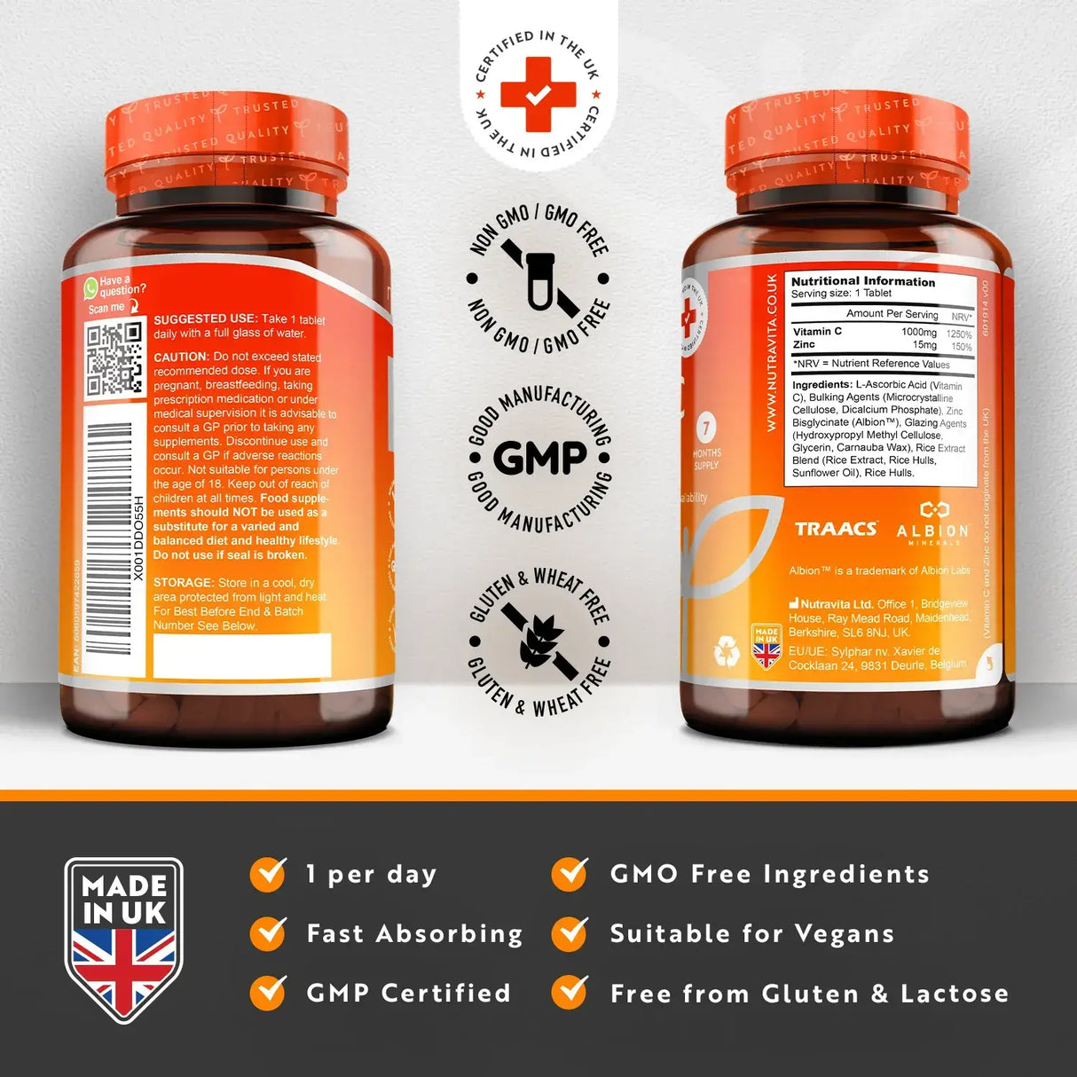 C-vitamin 1000 mg cinkkel (Albion® Zinc) 15 mg 210 tabletta <tc>Nutravita</tc>