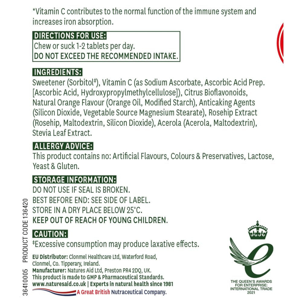 C-vitamin csipkebogyóval, bioflavonoidokkal és acerolával (C-vitamin rágható) 500mg 50 rágótabletta NaturesAid