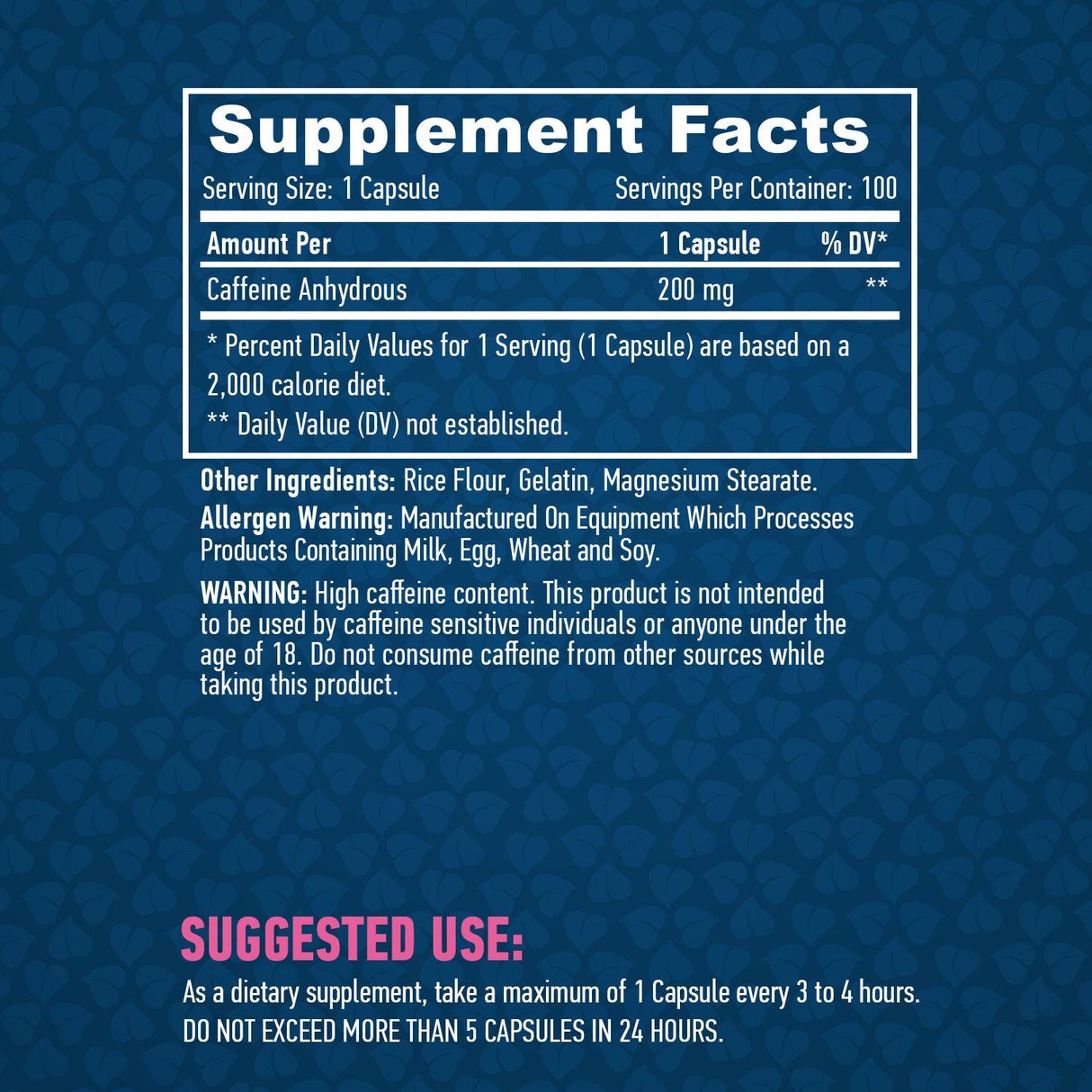 Koffein 200 mg/100 kapszula.
