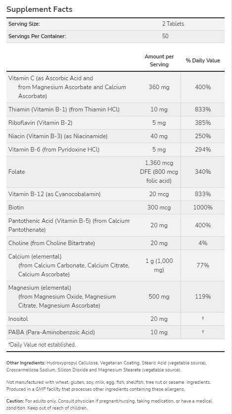 Kalcium-magnézium B-komplexszel & C-vitamin | Stressz Formula - 100 Tabletta
