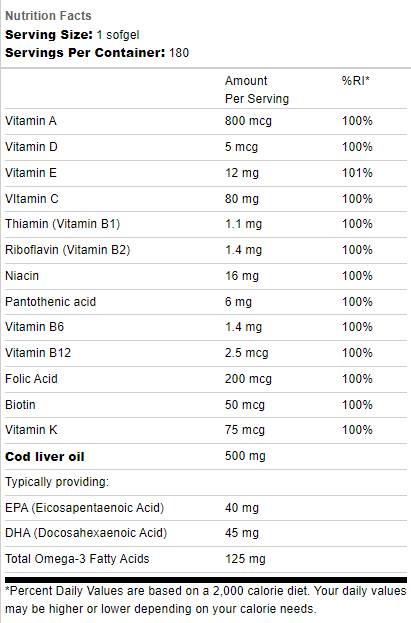 Csukamájolaj 500mg | Multi vitaminokkal - 180 gél kapszula
