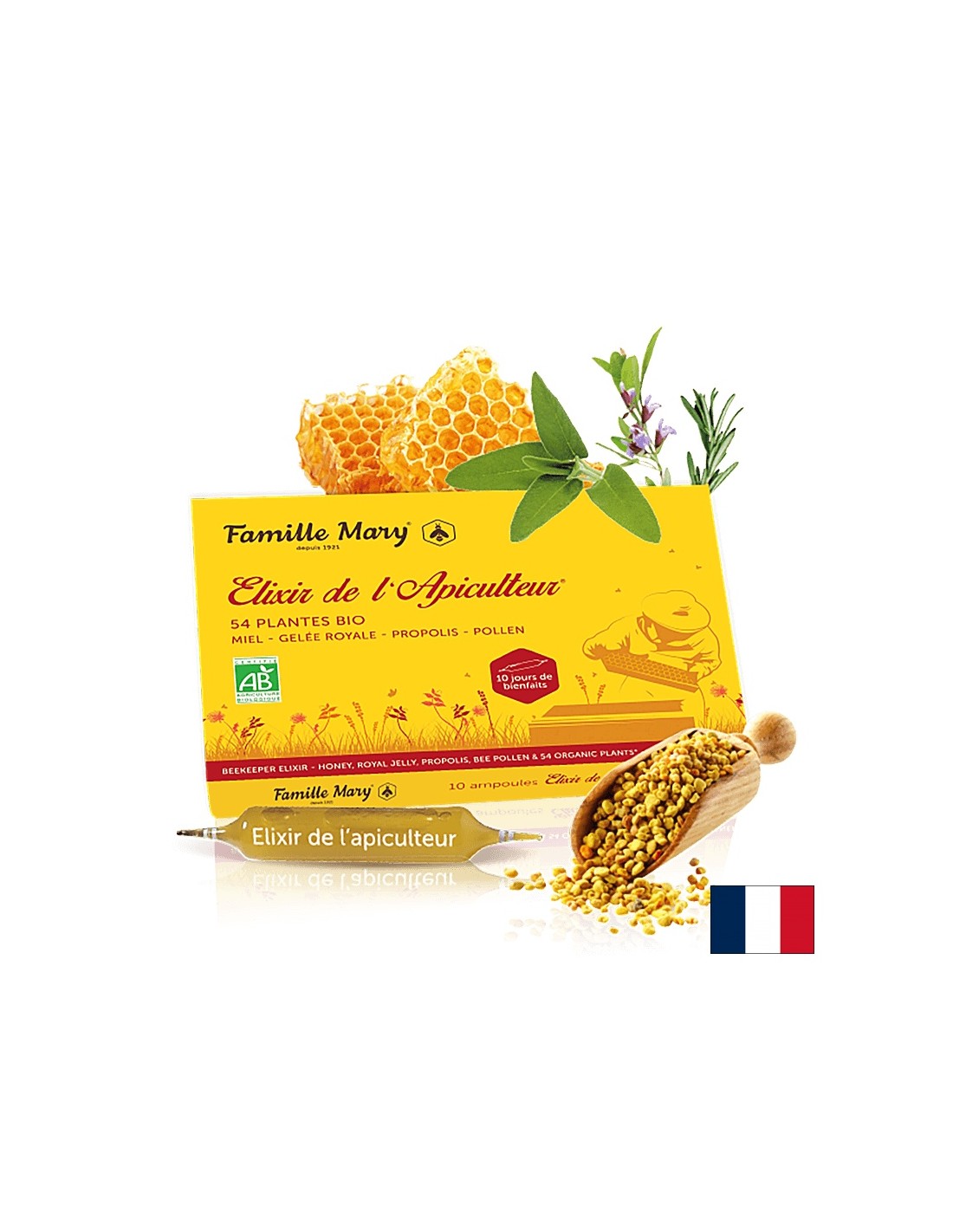 Elixir de l'Apiculteur® - méhelixír (mézzel, méhpempővel, méhpempővel, propoliszszal és 54 bionövénnyel) Famille Mary