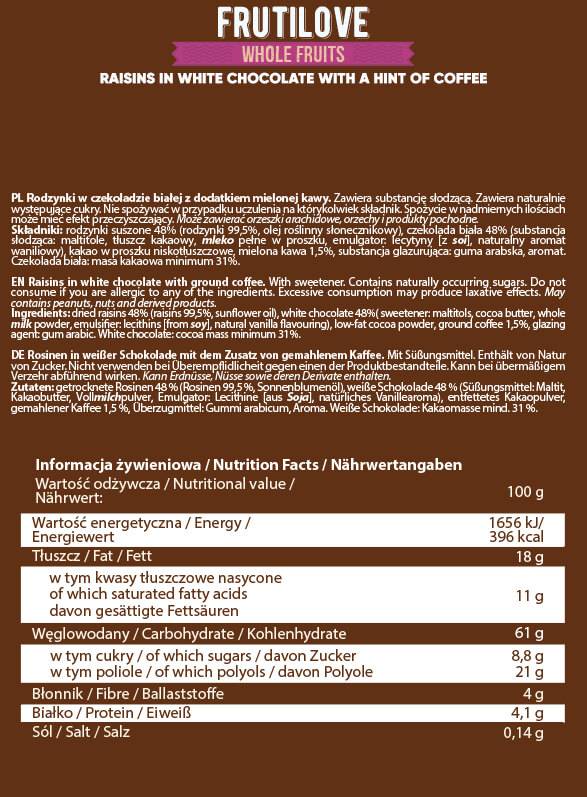 FrutiLove | Mazsola fehér csokoládéban és kávéban 300 gramm